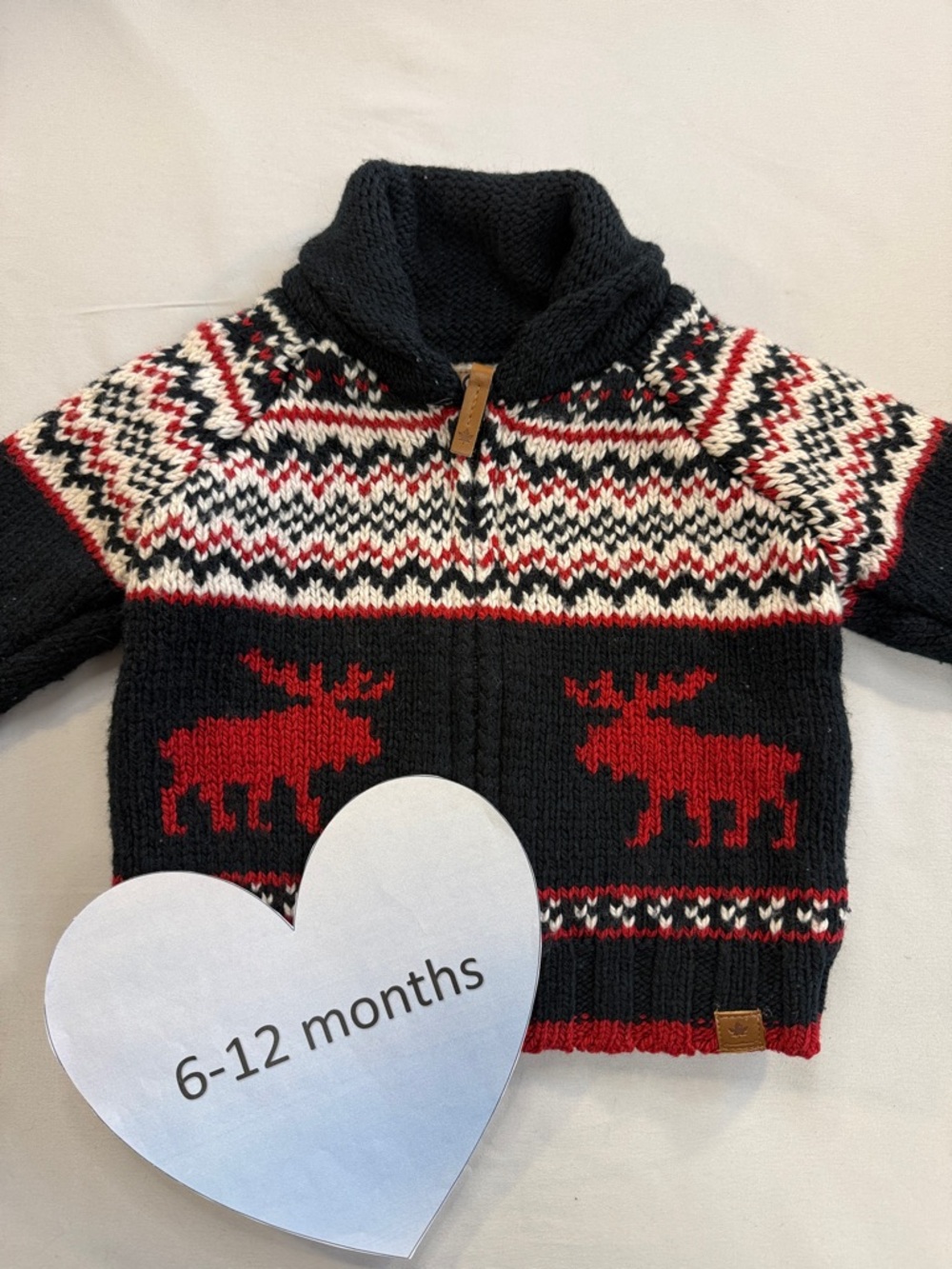 Canadiana - Kids Moose Knit Zip Sweater cardigan jacket - Black, Red & Cream.